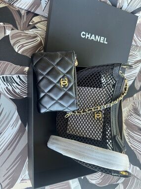 VIP Black Mesh Cosmetic Bag with Gold Hardware